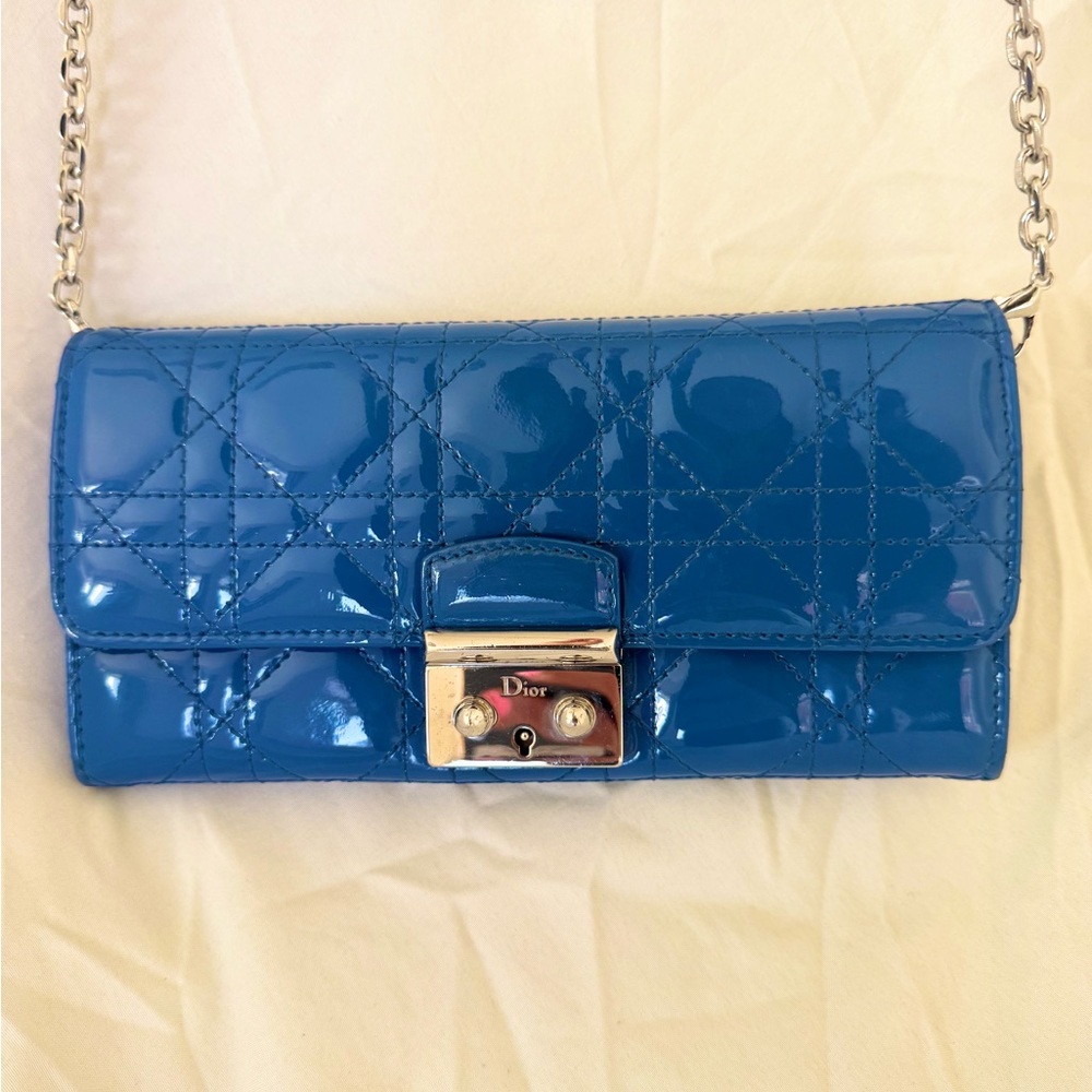 Dior Blue patent leather wallet on chain